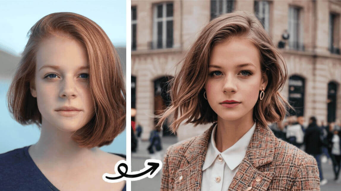 Vergleich eines natürlichen Fotos mit einem KI-generierten realistischen Avatar, der individuelle Gesichtszüge und persönliche Stile darstellt.