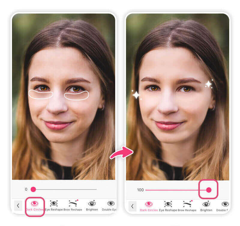 Como tirar olheiras escuras da foto com o aplicativo YouCam Makeup.