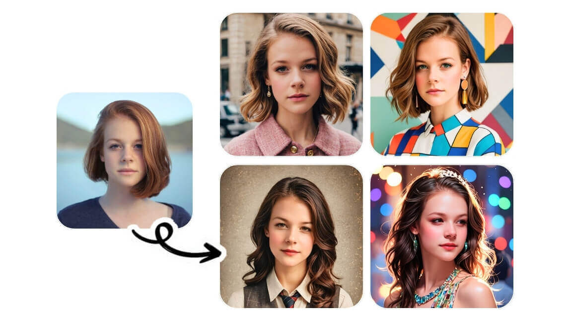 Beispiel eines natürlichen Fotos, das mithilfe eines KI-Tools in mehrere realistische Avatar-Stile wie glamourös oder kreativ verwandelt wurde.