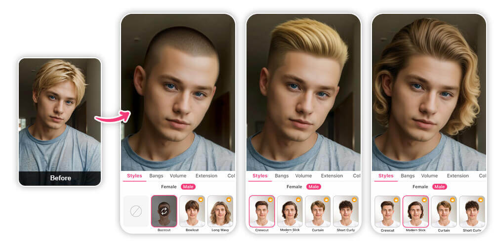 Essaie Buzzcut, Crewcut et Slickback instantanément.