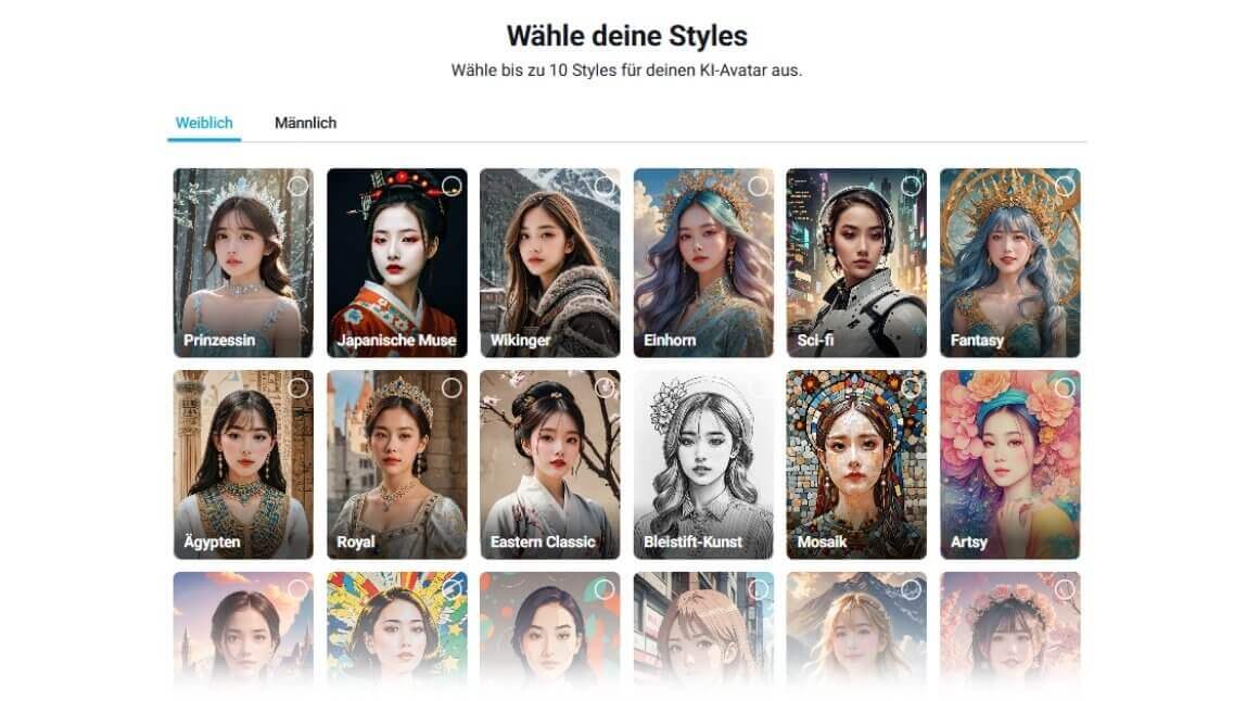 Auswahl verschiedener realistischer Avatare im Avatar-Generator, inspiriert von Stilen wie Fantasy, Sci-Fi, Mosaik und mehr.