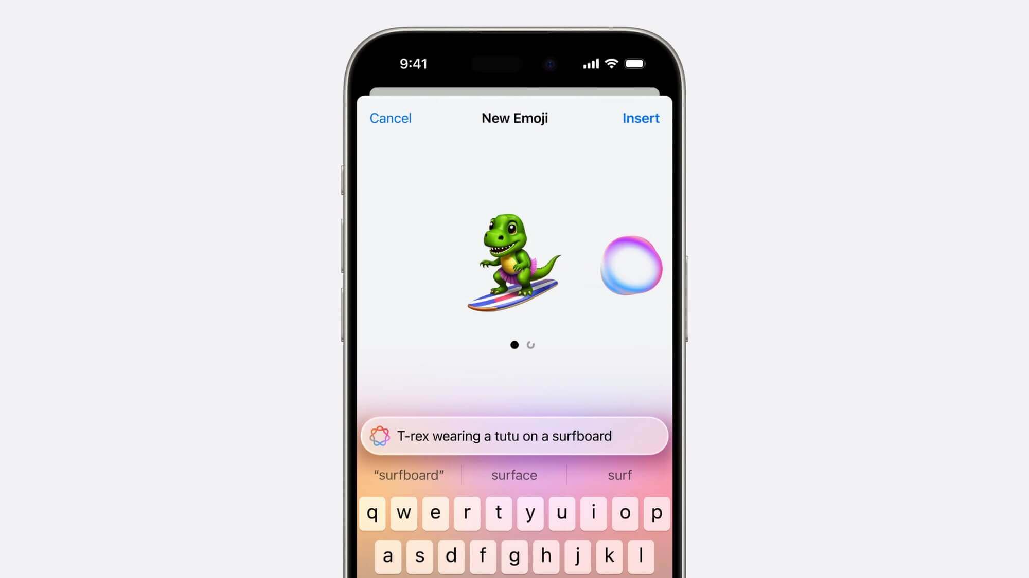iPhone com Genmoji mostrando um T-rex surfando — exemplo de emoji personalizado criado via Apple Intelligence.