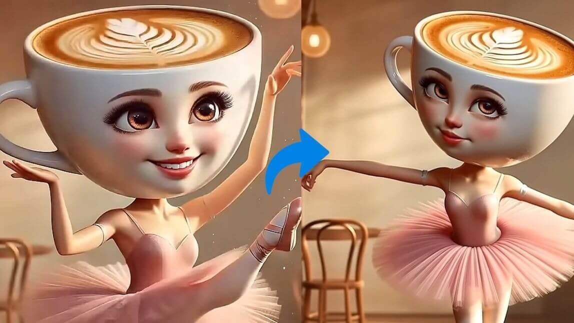 Bailarina Capuccino (Cappuccino) com cabeça de xícara de cappuccino dançando; meme Brainrot Italiano em 3D, comparação de poses.