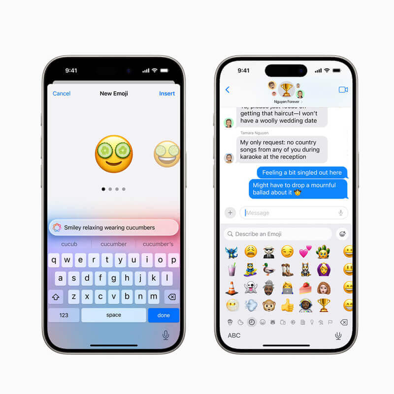 Dois iPhones com a interface do Genmoji aberta — campo “Descreva um Emoji” e pré-visualização de emojis gerados com IA.