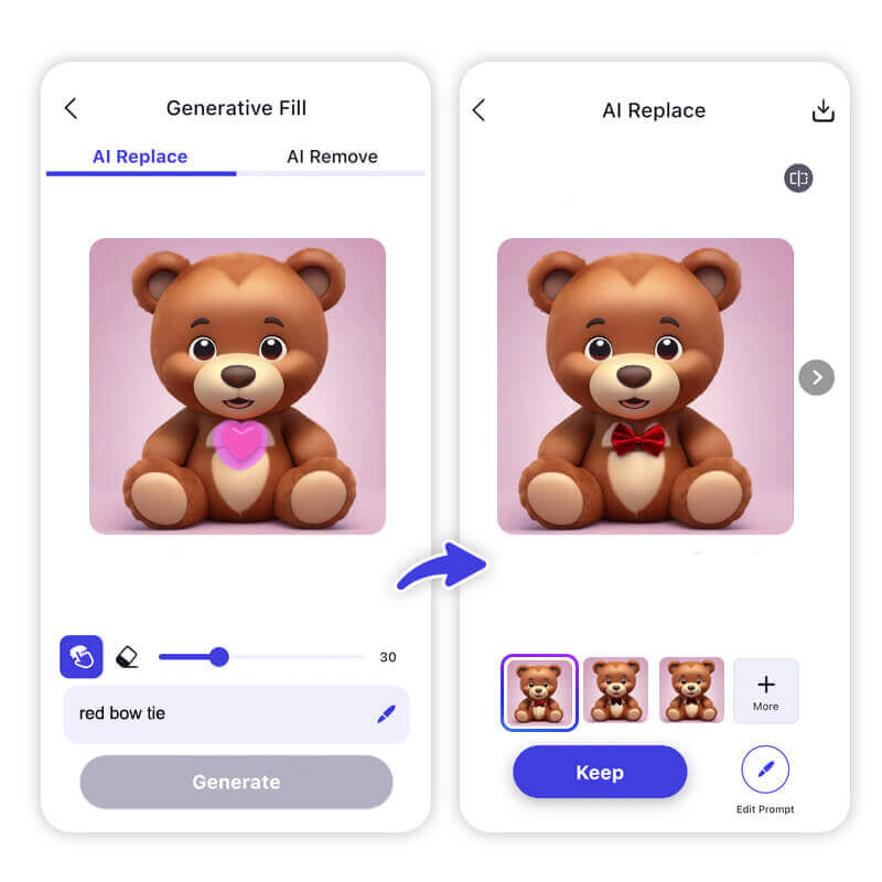YouCam AI Pro — Substituir com IA: ursinho 3D com laço vermelho (antes com coração rosa), mostrando substituição gerada por IA.