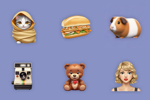 Grid de exemplos de emoji gerados com IA (ursinho, sanduíche, coelho, câmera e avatar) — ideias para emoji personalizado e gerador de emoji com IA.