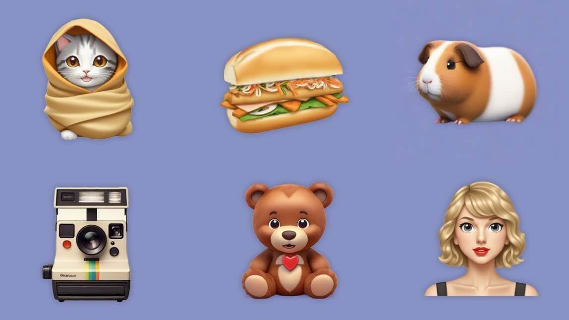 Grid de exemplos de emoji gerados com IA (ursinho, sanduíche, coelho, câmera e avatar) — ideias para emoji personalizado e gerador de emoji com IA.