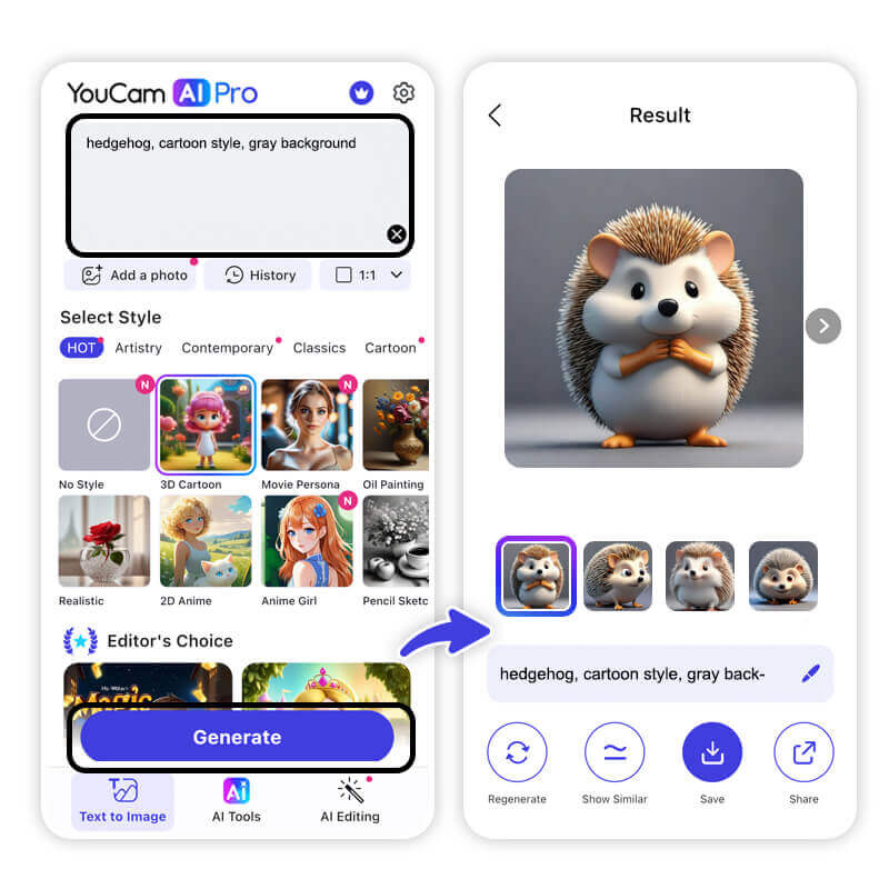 Tela do app YouCam AI Pro mostrando o fluxo Text-to-Image: prompt “hedgehog, cartoon style” e resultado em 3D — exemplo de gerador de imagens com IA. 