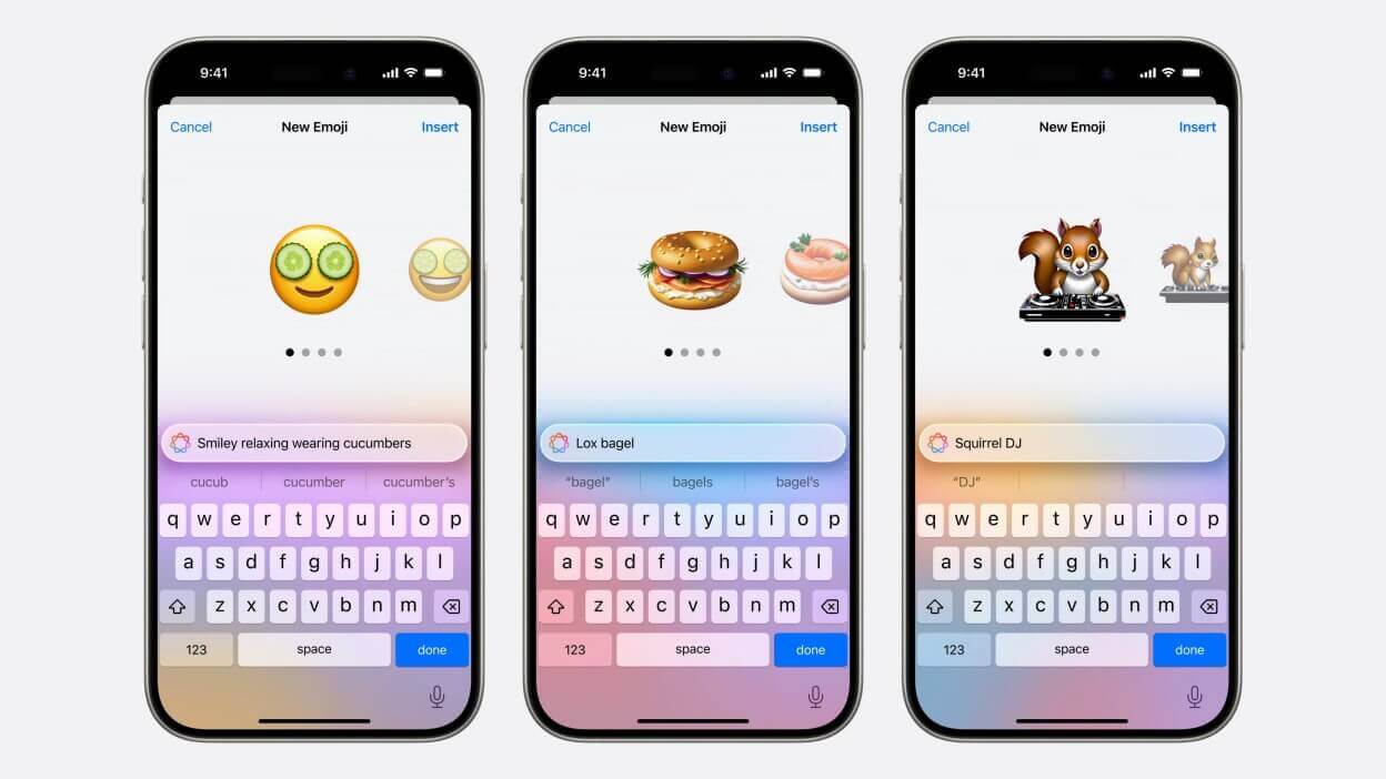 Três iPhones exibindo exemplos de Genmoji gerados a partir de prompts curtos — mostra a variação e o processo de criação de emoji com IA.
