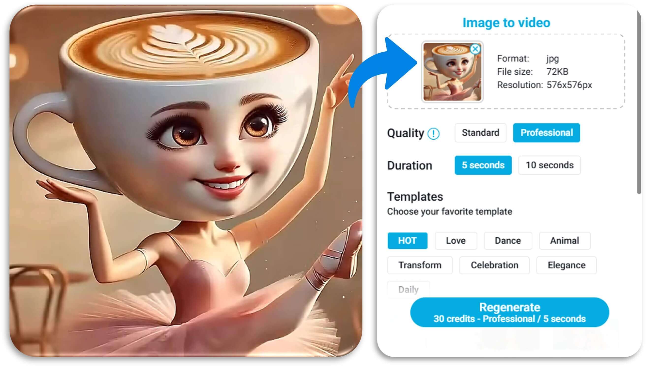 Tela para fazer upload de foto da Bailarina Capuccino para criar vídeo com IA