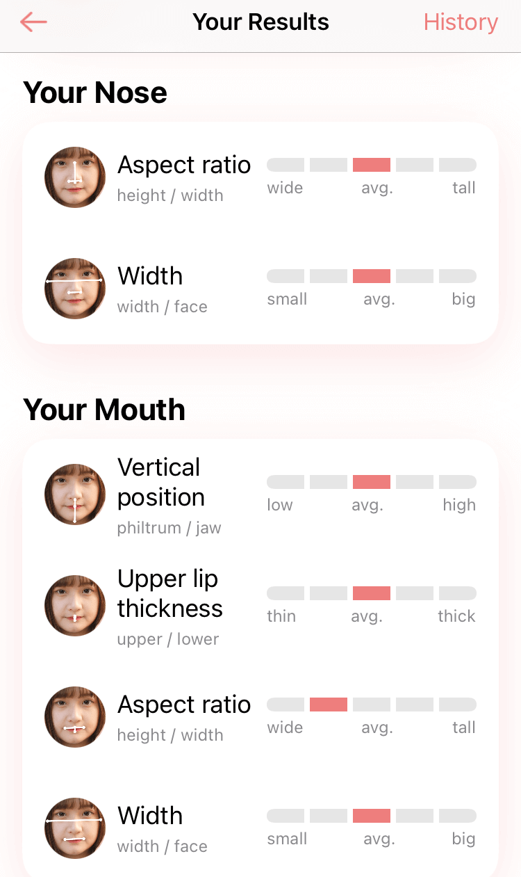 FaceTag 會依據五官的測試結果給予等級，顯示與平均值的五官比例差異