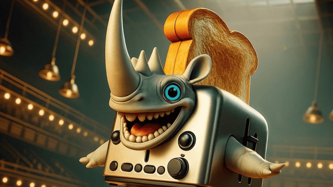 Rhino Toasterino, rinoceronte-torradeira 3D sorridente com fatias de pão brilhando nas costas, estilo Italian Brainrot em arena iluminada.
