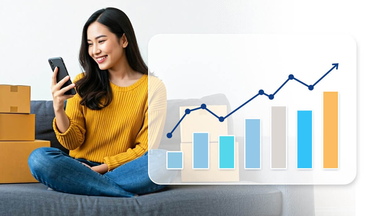 Smiling woman checking AI Outfit Generator results on phone with performance analytics overlay