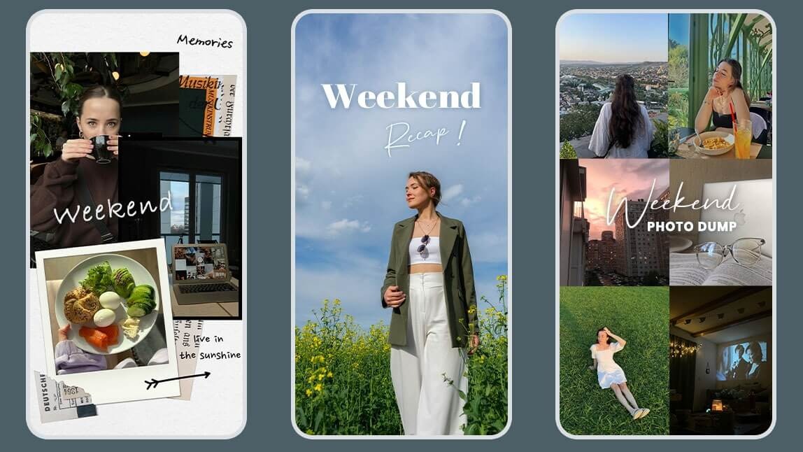 rei kreative Ideen für einen Weekend-Dump: Eine Scrapbook-Vorlage, ein "Weekend Recap"-Poster und eine Raster-Collage als Inspiration.