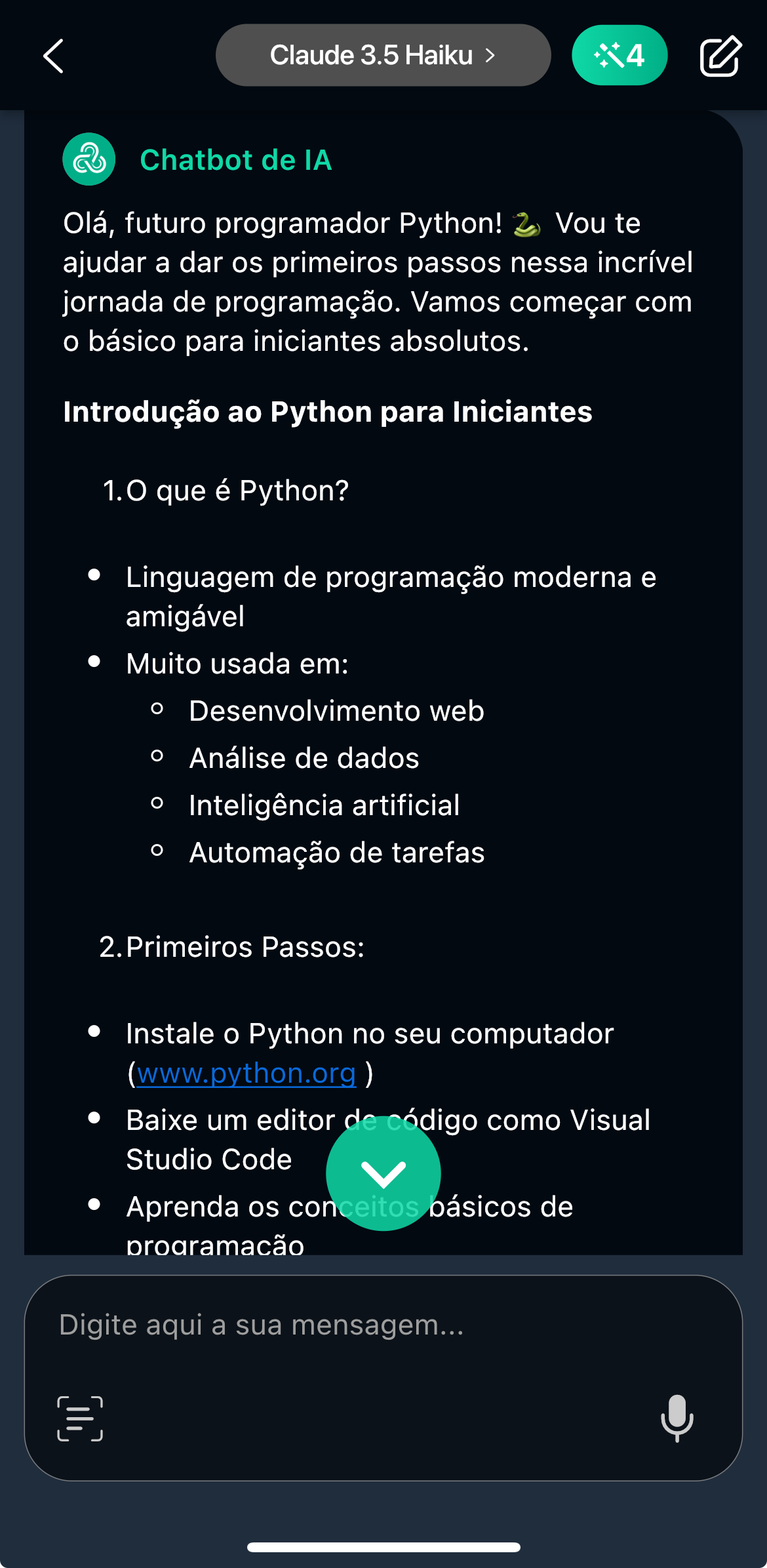 Exemplo de prompt no YouCam AI Chat ensinando Python para iniciantes