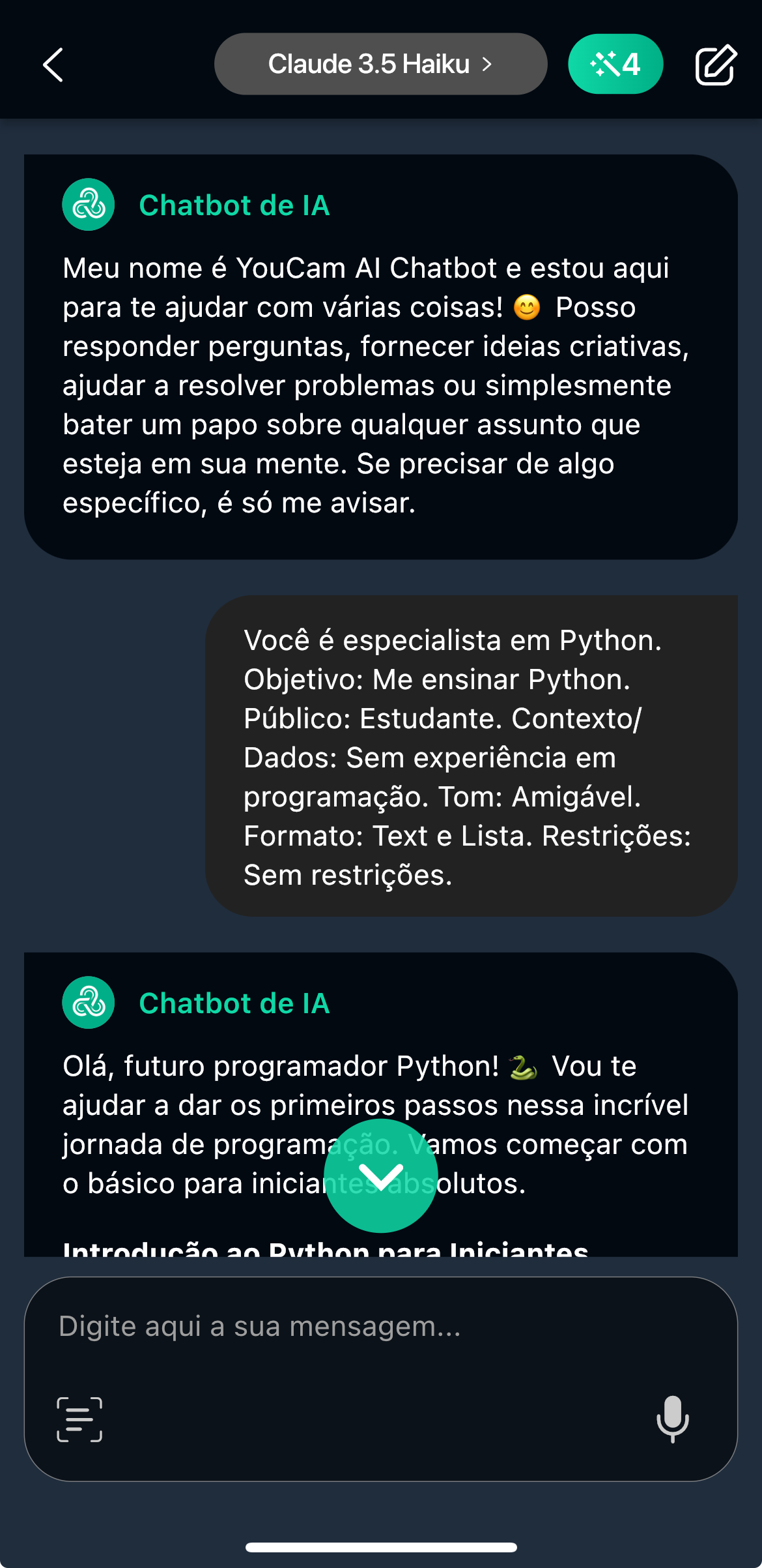 Captura de tela do YouCam AI Chat com exemplo de prompt