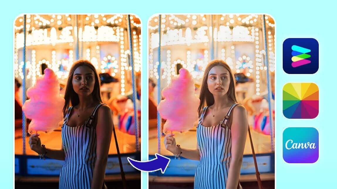Mulher em um parque de diversões, comparando o antes e depois de clarear uma foto escura usando aplicativos com inteligência artificial.