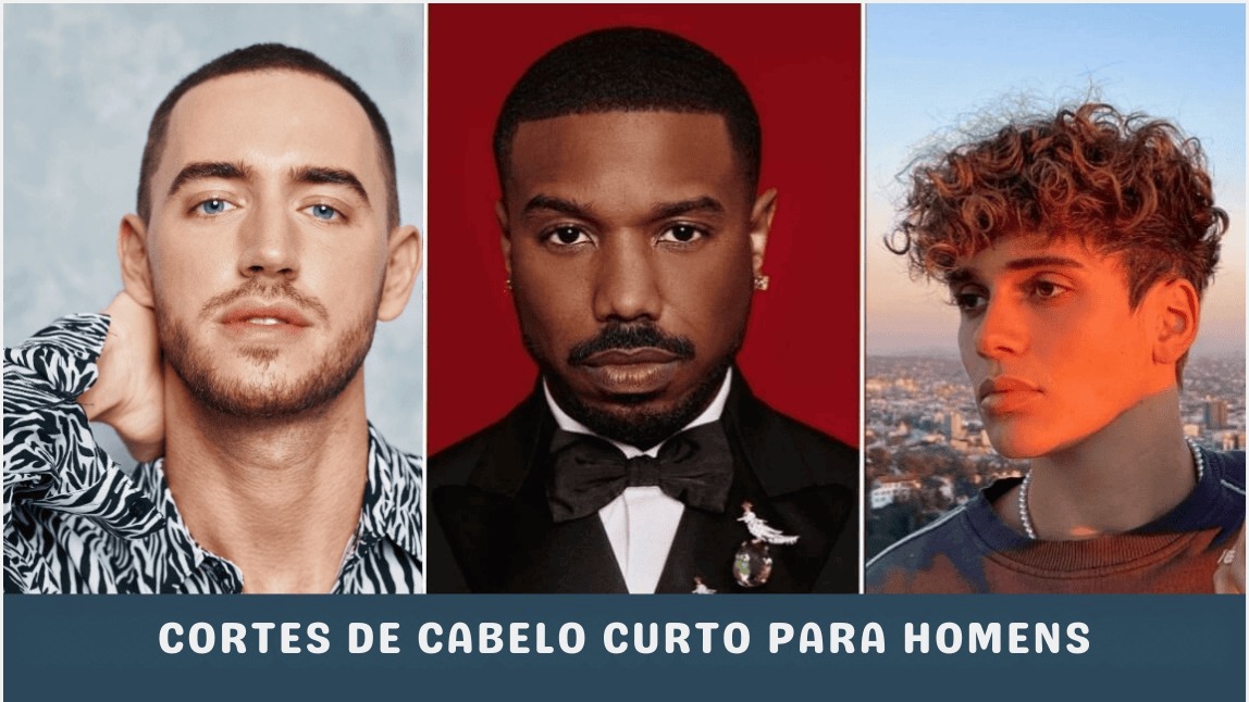 Colagem com três homens jovens mostrando cortes de cabelo masculino curto em alta: buzz cut, crespo e cacheado.