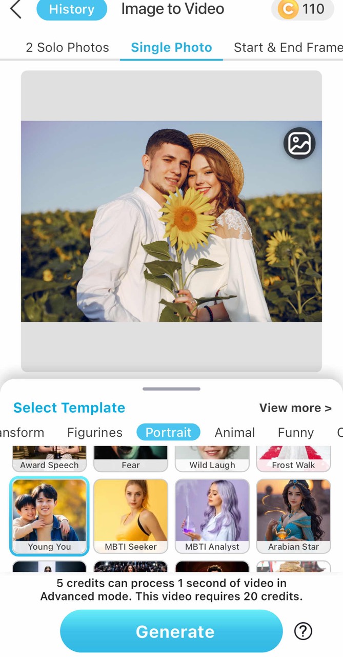 The style selection screen showing the 'Younger Me' template, which powers the future child filter.