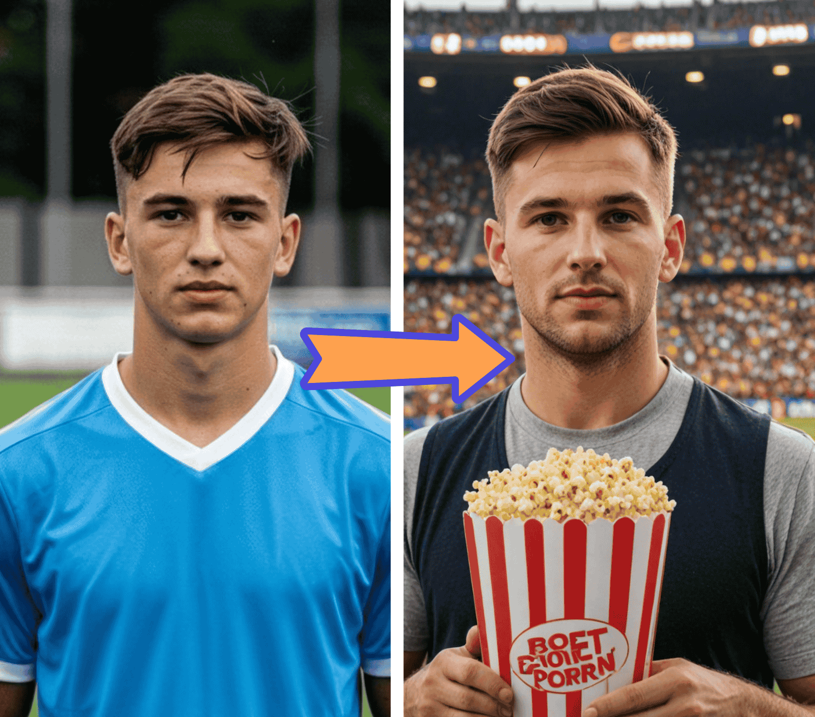 Demonstração de como criar um meme de jogador pipoqueiro com um gerador de memes. A imagem mostra a transformação da foto de um jogador em campo para uma imagem dele segurando um balde de pipoca na arquibancada.