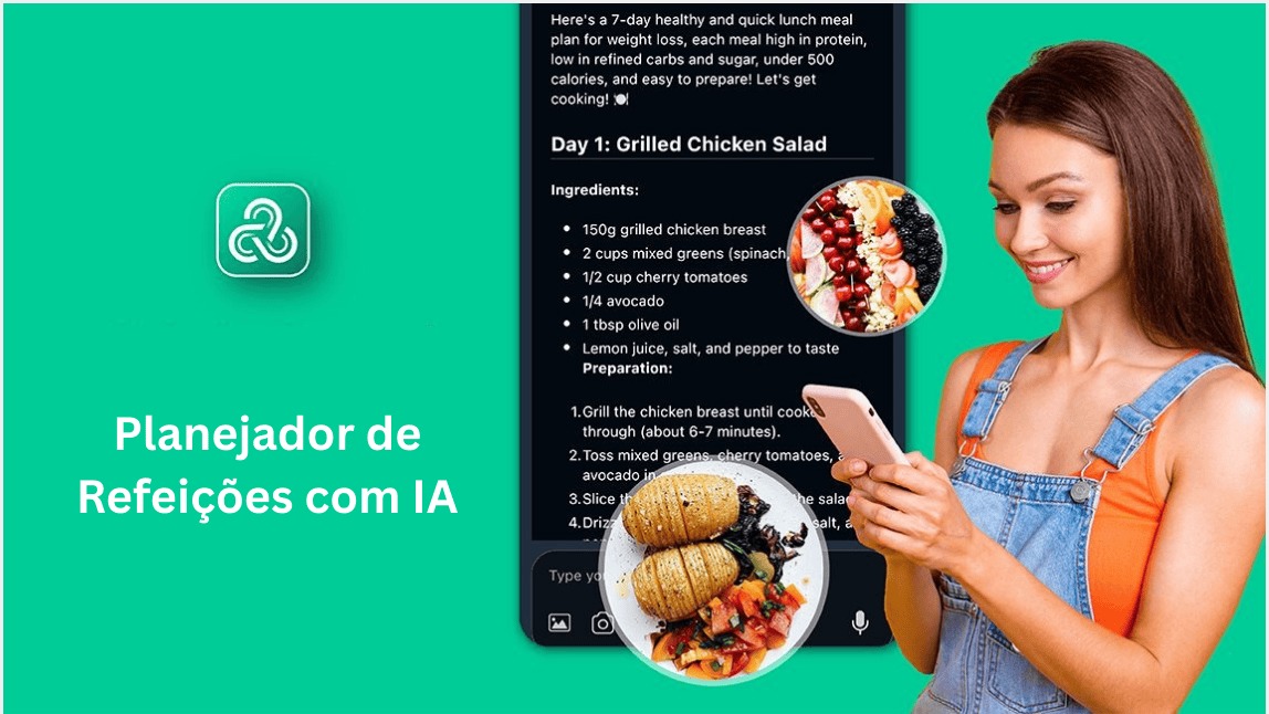 Mulher sorrindo usa o aplicativo planejador de refeições com IA no celular para criar um cardápio semanal saudável com salada de frango grelhado.