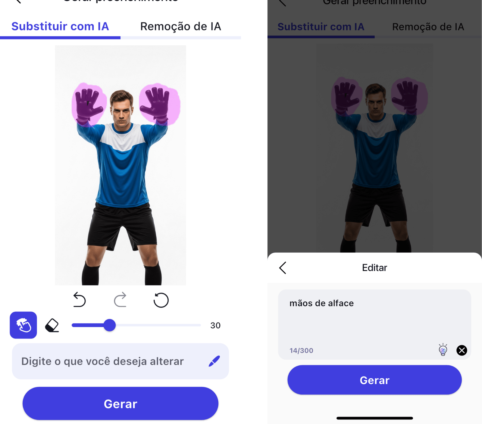 Tutorial de como usar a função 'Substituir com IA' no gerador de memes YouCam AI Pro. A imagem mostra o passo a passo: primeiro, o usuário seleciona as luvas de um goleiro com o pincel; depois, digita o comando 'mãos de alface' para criar o meme de futebol.