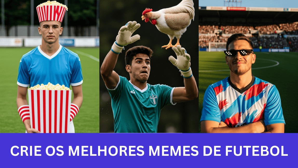 Exemplos de como criar memes: um jogador pipoqueiro, um goleiro frangueiro e um jogador para meme de zoeira. O texto diz: Crie os melhores memes de futebol.