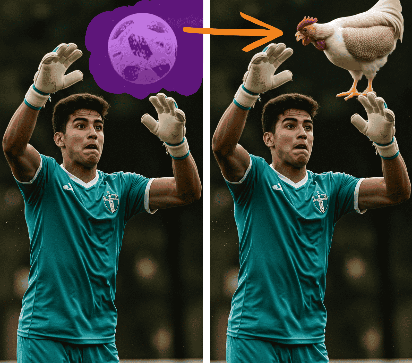 Tutorial de como fazer meme com foto de goleiro frangueiro usando a função Substituição IA. A imagem mostra o antes, com o goleiro pensando na bola, e o depois, com a bola substituída por uma galinha para criar uma das piadas de futebol mais conhecidas.