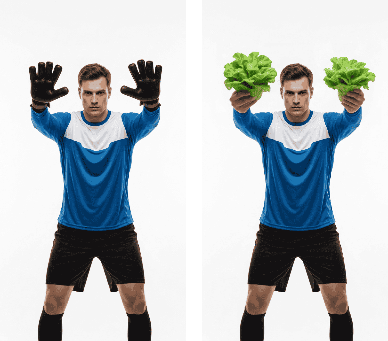 Exemplo de como usar a ferramenta Substituição IA para criar um meme de futebol. A imagem mostra o antes, com um goleiro usando luvas, e o depois, com as luvas substituídas por pés de alface, uma forma de fazer piadas de futebol criativas.
