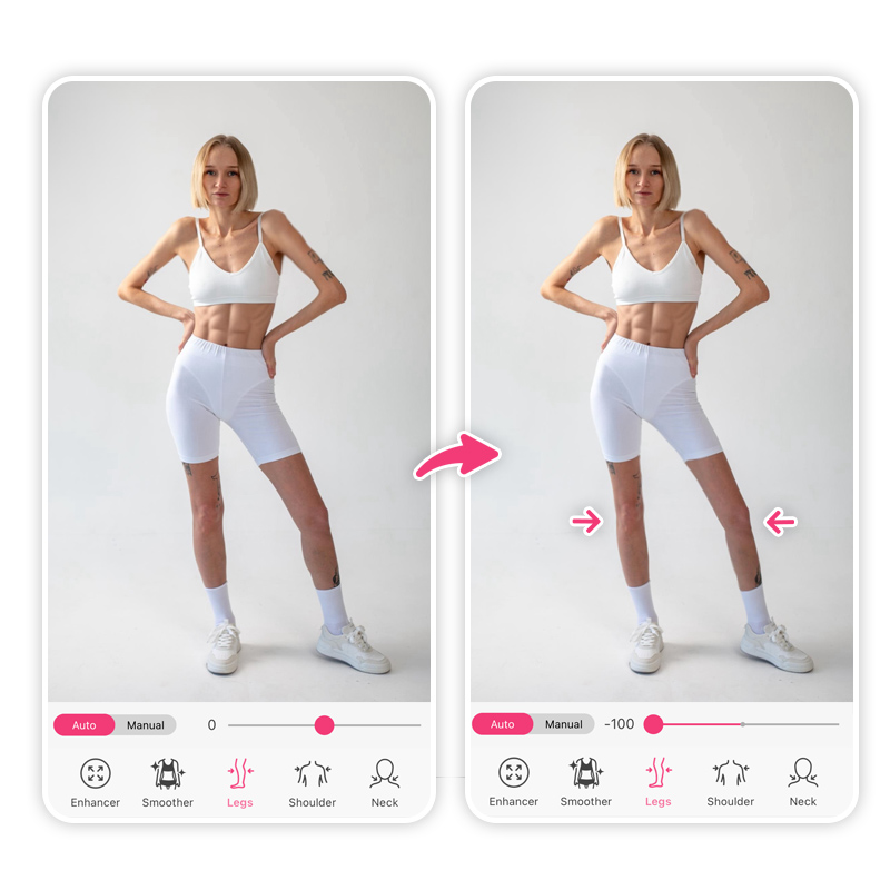 Slim your legs in photo with YouCam Makeup AI body editor