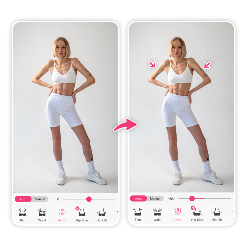 Slim your arms in photo with YouCam Makeup AI body editor