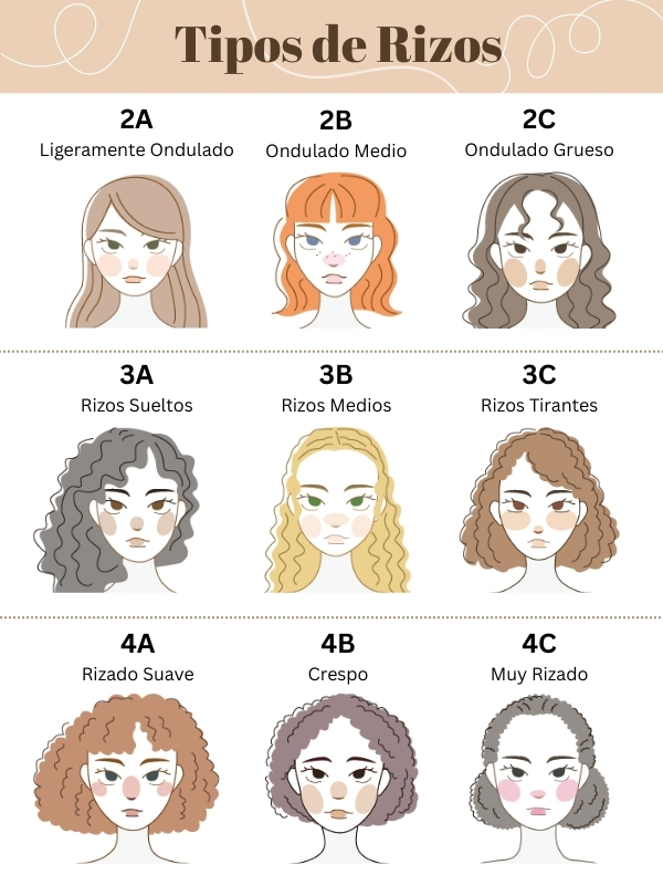 Infografia ilustracion que muestra la clasificacion de tipos de rizos desde el 2A al 4C