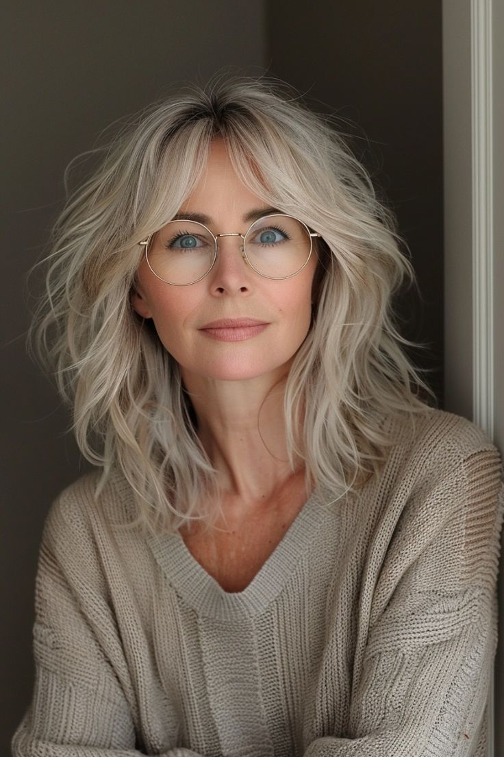 Best hairstyle for women over 60 with glasses - Layers with Curtain Bangs