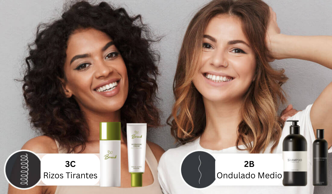 : Dos mujeres, una con rizos tipo 3C y otra con ondas tipo 2B usando el analizador de tipo de rizos con IA