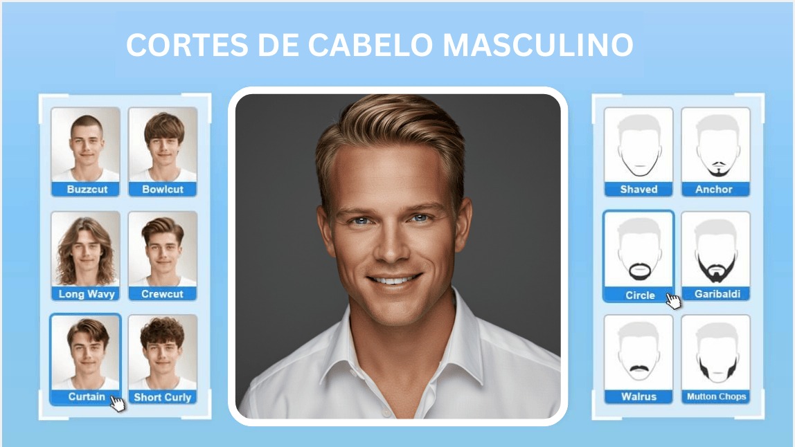 Simulador de corte de cabelo masculino e barba no aplicativo YouCam Makeup, mostrando a interface para testar diferentes estilos como Buzzcut e Long Wavy com IA.