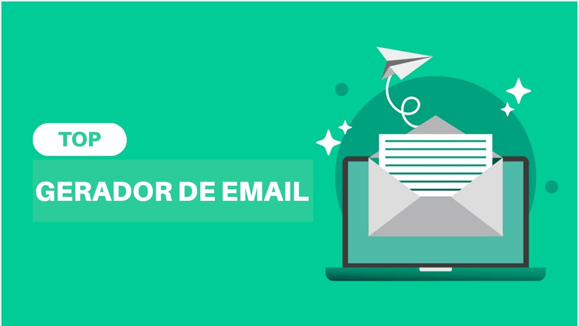 Banner com o texto 'Top Gerador de Email' e ilustração de um e-mail com um avião de papel saindo de um laptop, simbolizando envio rápido.