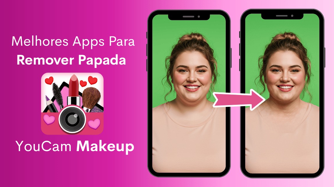 Mulher mostrando o antes e depois de usar o aplicativo YouCam Makeup para remover a papada da foto.