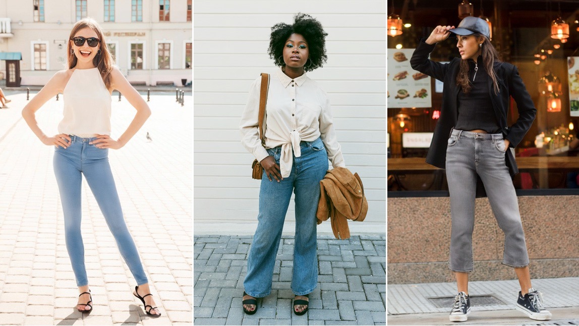 Colagem de três mulheres com diferentes tipos de corpo usando modelos de jeans para baixinhas: skinny, wide leg e cropped.