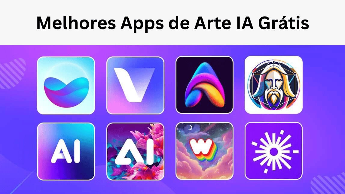 Mosaico com os logos dos melhores aplicativos geradores de arte com IA grátis sobre um fundo roxo.