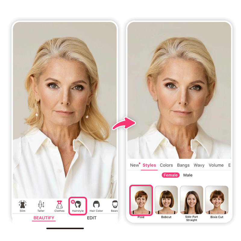 Try short haircuts for women over 60 with YouCam Makeup