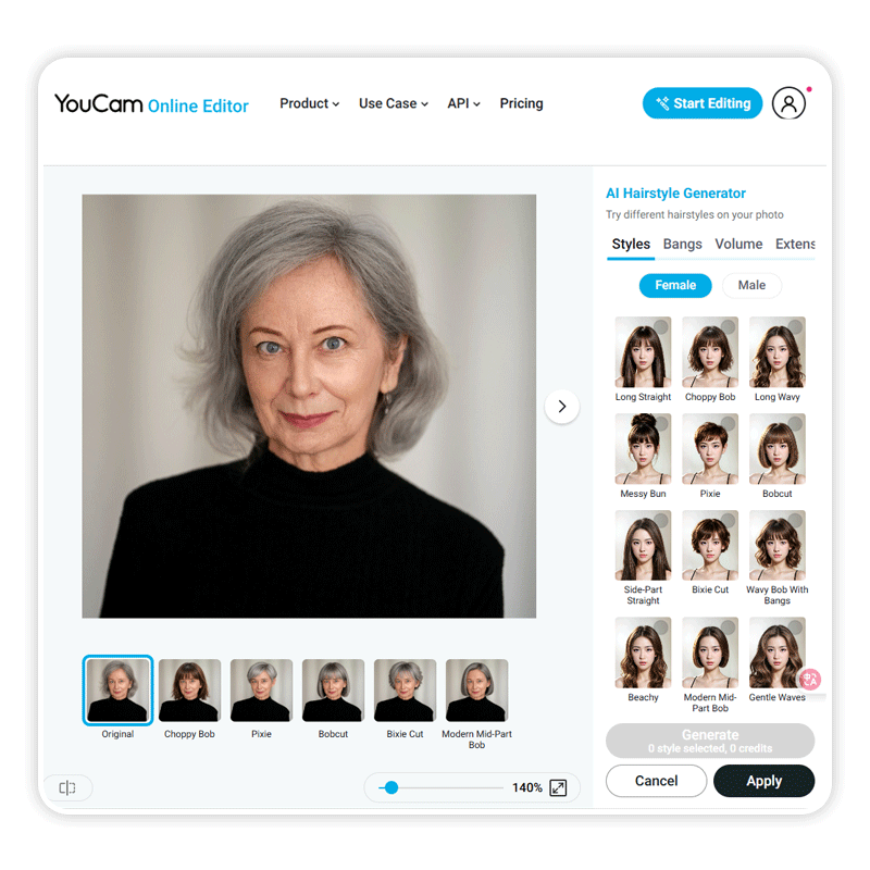 Try short haircuts for women over 60 with YouCam Online Editor