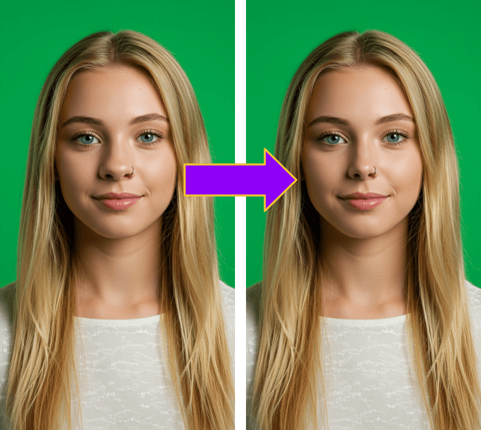 Antes e depois de uma mulher usando um aplicativo para afinar o nariz e diminuir o tamanho na foto.