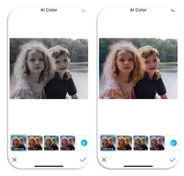 Comparação de uma foto de família antiga, desbotada e depois colorida com IA.