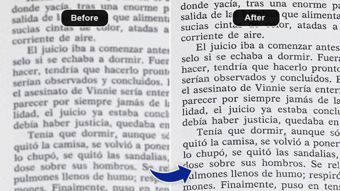 Comparativo antes e depois de um texto de livro que estava borrado e foi melhorado com uma ferramenta de IA, agora totalmente nítido e legível.