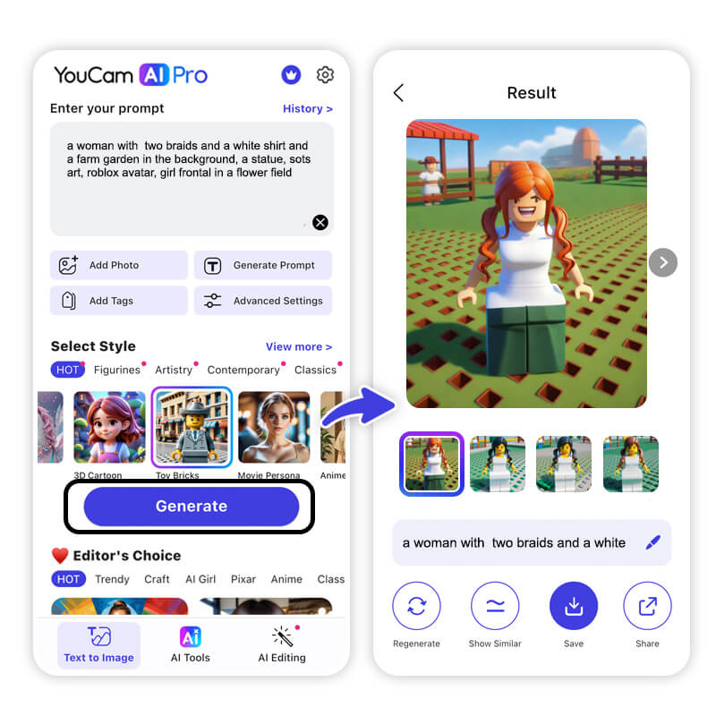 Função de texto para imagem no YouCam AI Pro.
