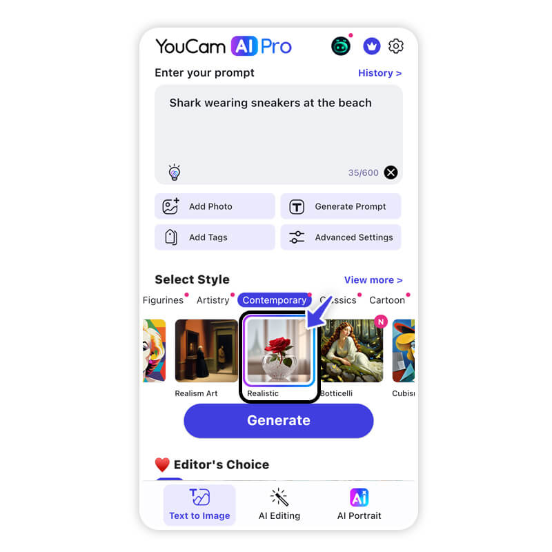 Seleção de estilos de arte no YouCam AI Pro.
