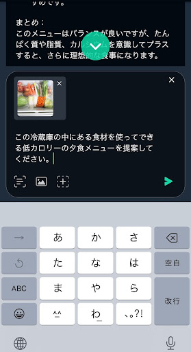 冷蔵庫の写真と文章をチャットに入力