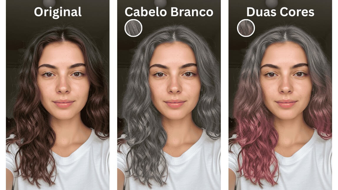 Mulher comparando três versões de seu cabelo: o original castanho, um com filtro de cabelo todo grisalho, e outro com um filtro de cabelo de duas cores, cinza e rosa.