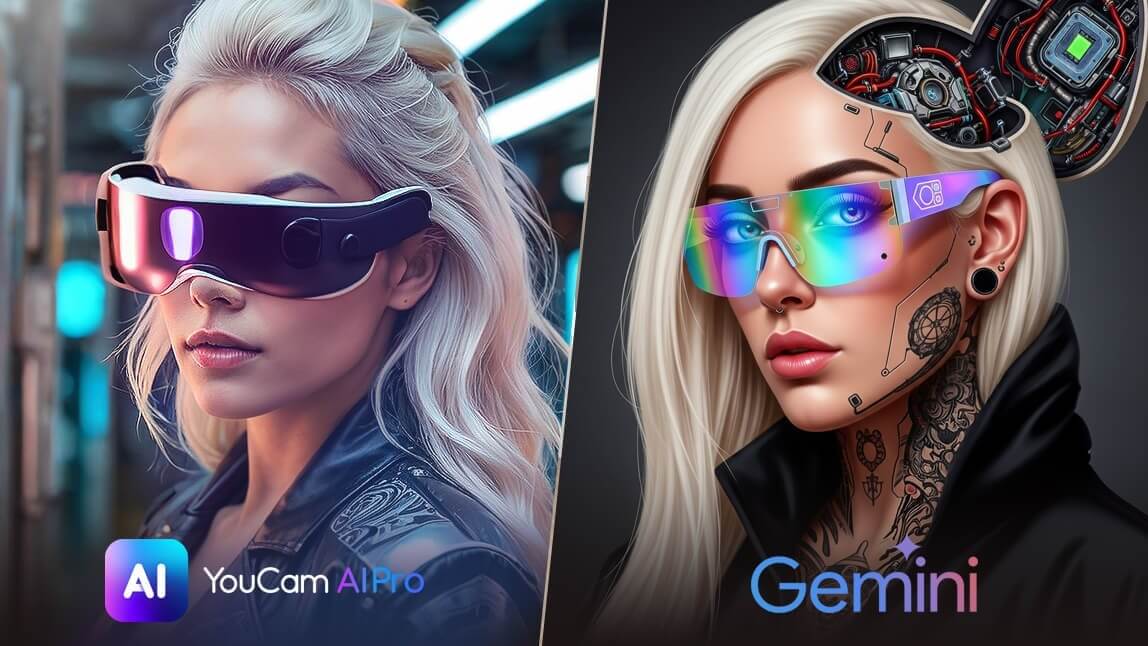 Comparativo de imagem de mulher futurista: Gerador de Imagens IA Gemini vs. alternativa YouCam AI Pro.