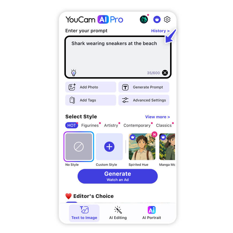 Campo de texto para prompt no YouCam AI Pro.